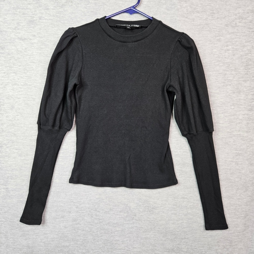 Veronica Beard Jeans Black Ribbed Puff Sleeve Cotton Top Women's Size S